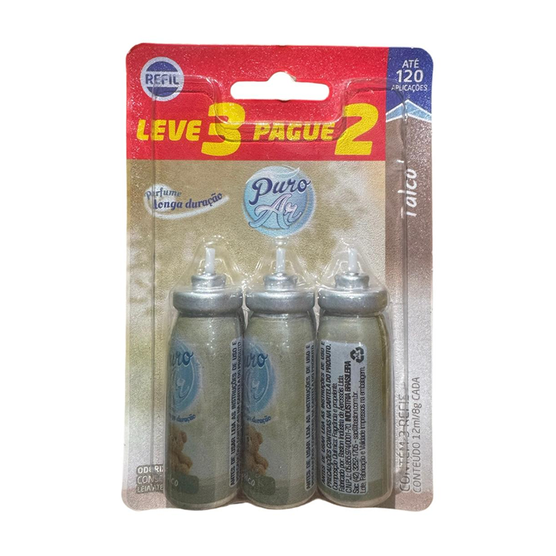 Refil Desodorizador Puro Ar 12ml Talco Com 3 Unidades