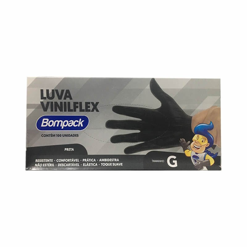 Luva Vinilflex G Preta 100 Unidades Bompack