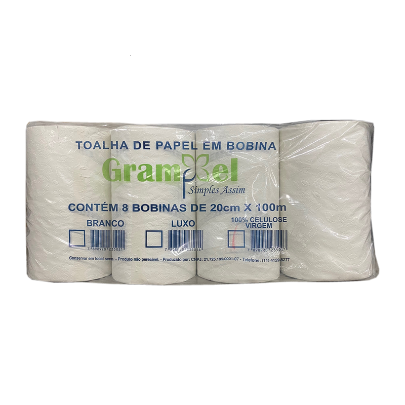 Papel Toalha em Bobina 100% Celulose 8x20x100m Grampel