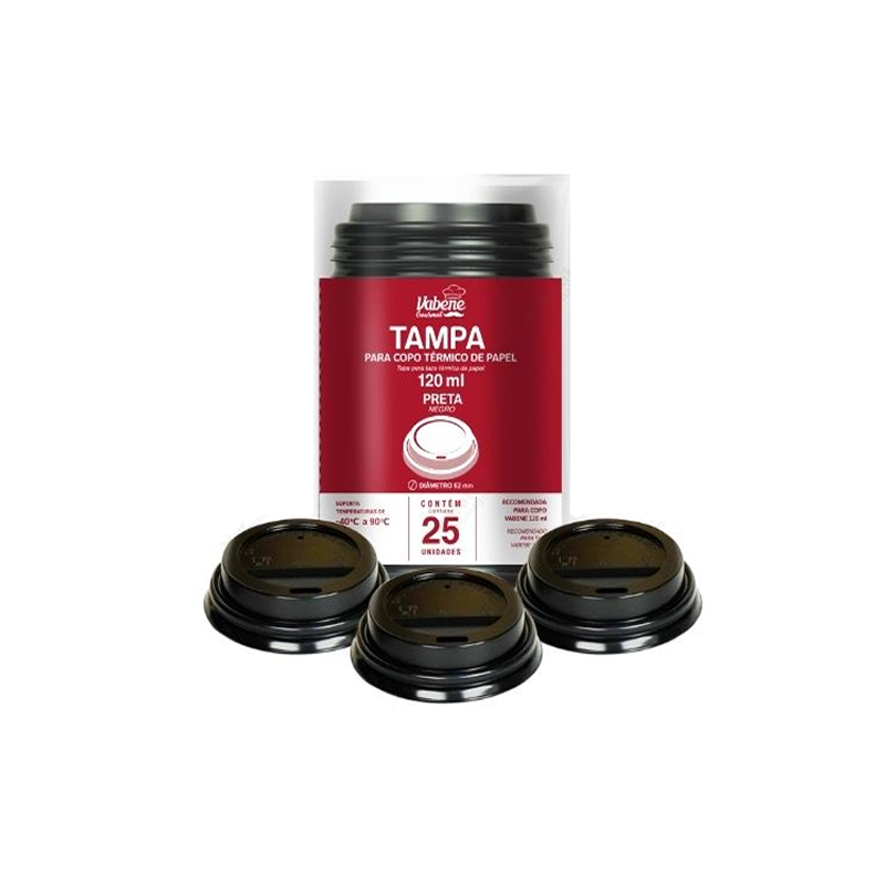 Tampa Preta Para Copo de Papel 120ml com 25 Unidades Vabene