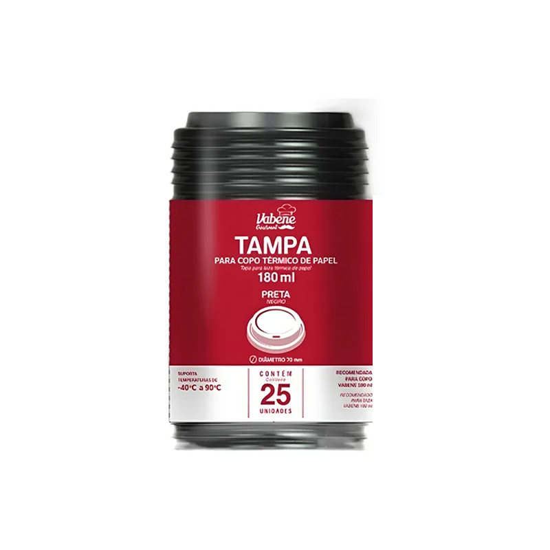 Tampa Preta Para Copo de Papel 180ml com 25 Unidades Vabene