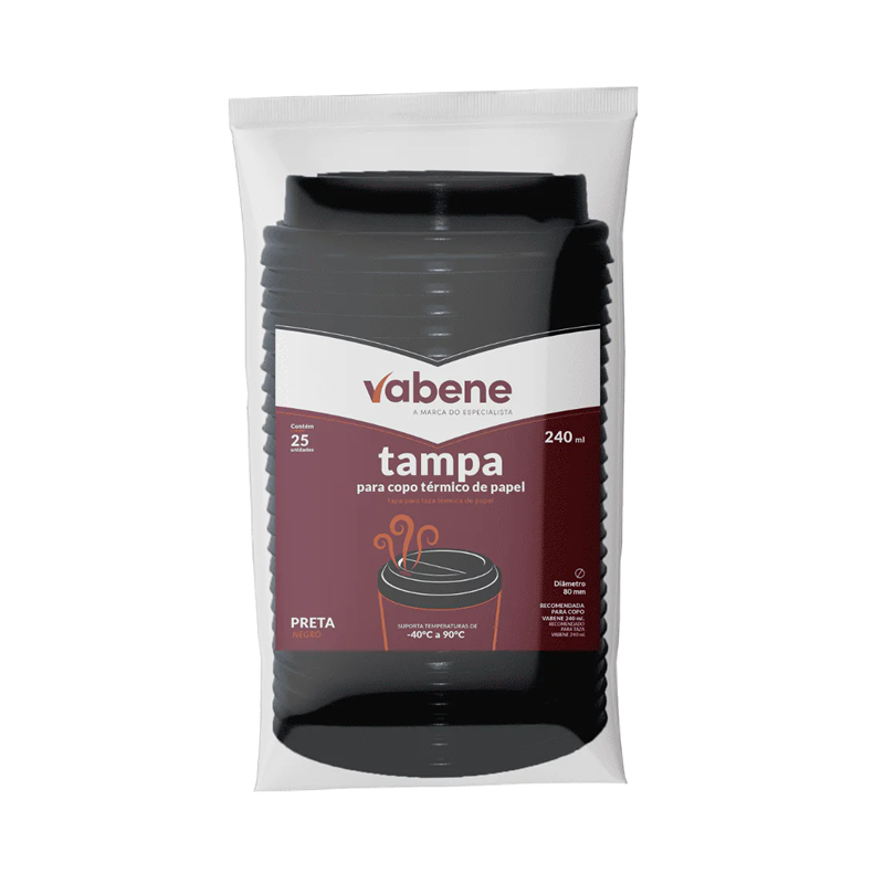 Tampa Preta Para Copo de Papel 240ml com 25 Unidades Vabene